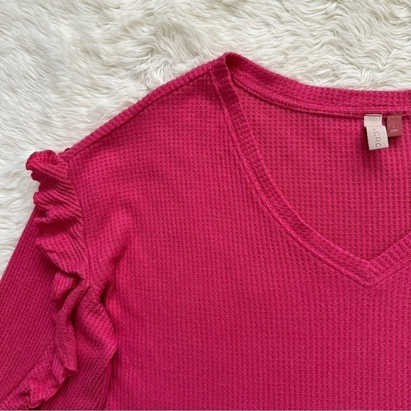 Anthropologie Pilcro Top Ruffled V-Neck Shirt Waffle Knit Raspberry Pink L - Picture 5 of 12